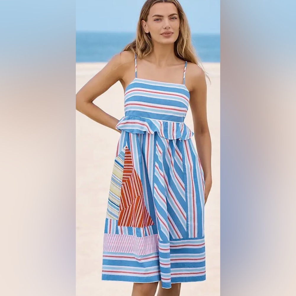 Anthropologie Celandine Striped Square-Neck Sundress Knee Length Blue Size M NWT